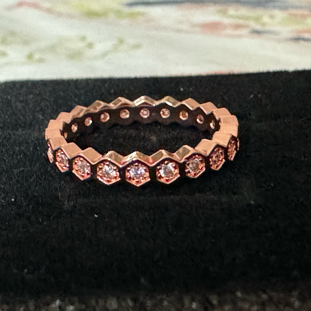 Rose gold tone, hexagon ring, size 10